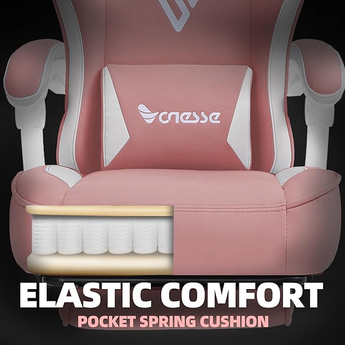 Vonesse Gaming Chair, Computer Chair Fabric with Pocket Spring Cushion, Office Chair with Footrest and Massage Lumbar Support, Reclining Gaming Chairs for Adults 250LBS (Pink)
