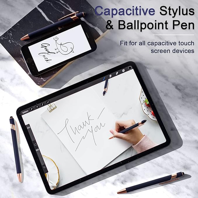 Tenare 12 Pieces 2 in 1 Stylus Metal Ballpoint Pen with Stylus Tip, 1.0 mm Black Ink Ballpoint Pen for Touch Screens(Cyan and Rose Gold)