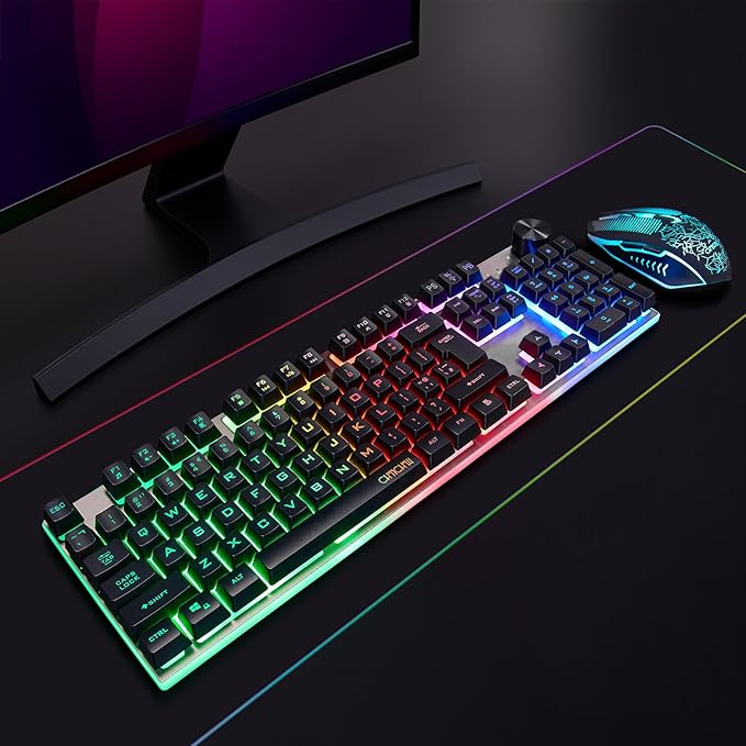 Wireless Gaming Keyboard with knob and Mouse Combo USB Dongle 2.4G Rechargeable 3000mAH Battery RGB Backlit Stainless Panel 4200DPI Side Button Mice for PC Laptop Compatible with Windows 8/9/10 MacOS