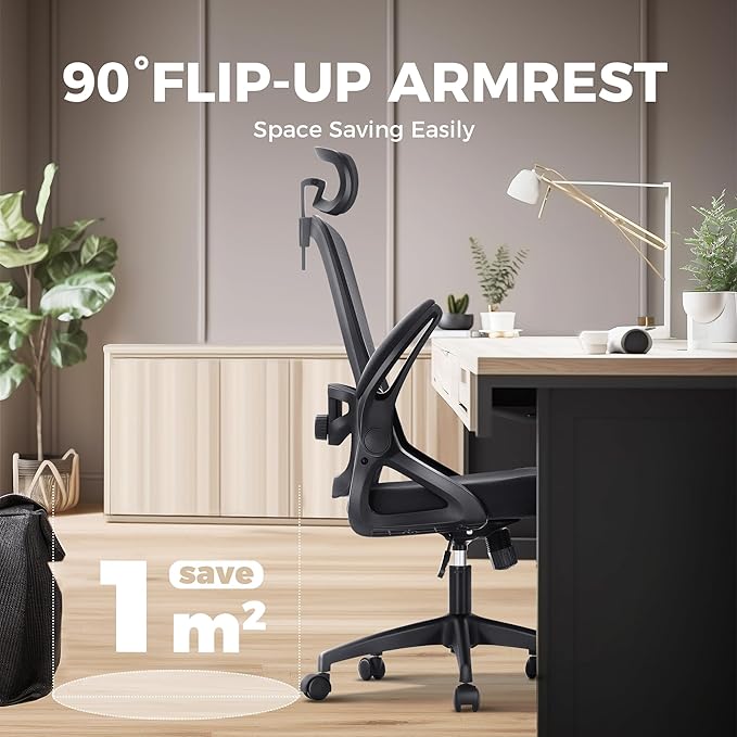 MAISON ARTS Ergonomic Office Desk Chair, Breathable Mesh Computer Chair with Adjustable Lumbar Support, Headrest and Flip up Armrests, Comfortable Task/Executive Chair for Home Office