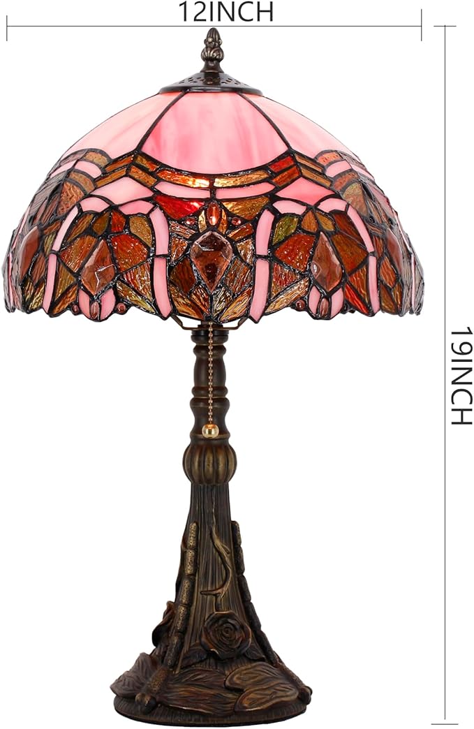 Tiffany Stained Glass Table Lamp 12X12X19 Inch Pink Jewelry Style Desk Bedroom Living Room Reading Light (Pink Bent)
