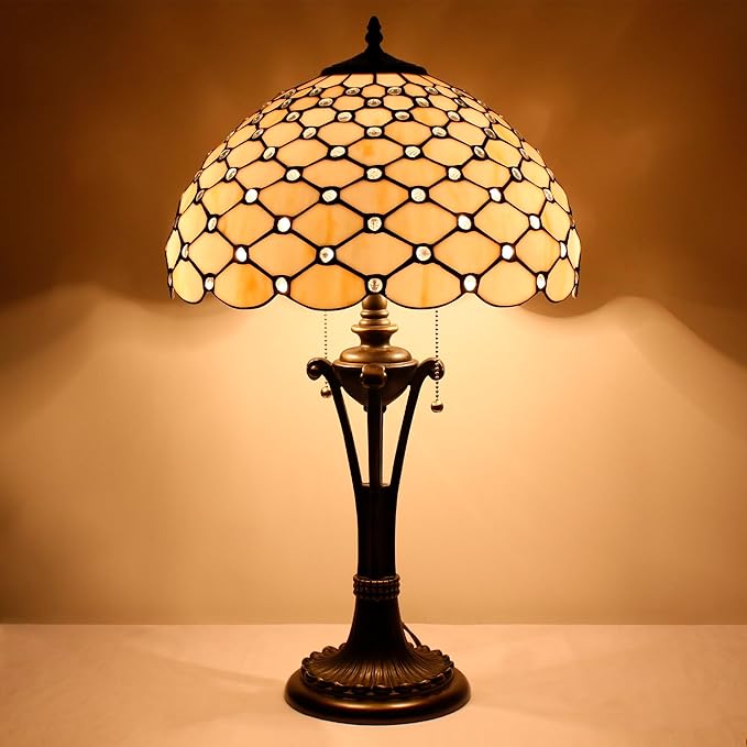 Tiffany Table Lamp Cream Amber Bead Stained Glass Desk Lamp 16X16X24 Inches Reading Light