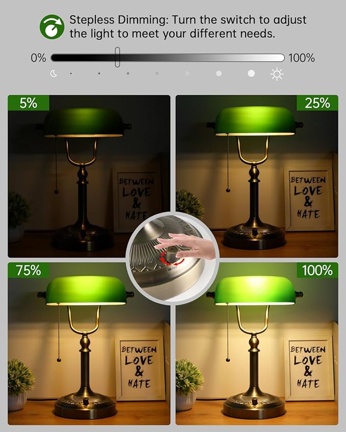 Newrays Green Glass Bankers Desk Lamp, Stepless Dimmable Table Lamp Plug in Fixture for Study, Office, LED Bulb Included