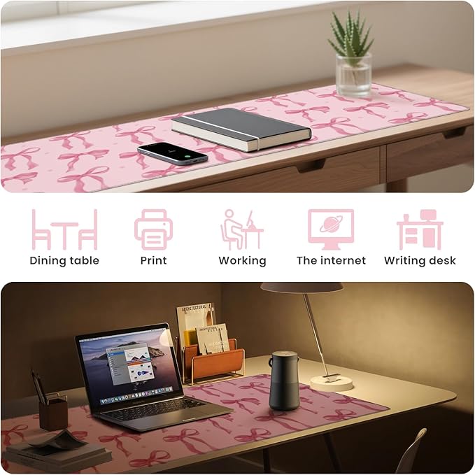 Large Mouse Pad, Pink Bow Desk Mat Gaming Mouse Pad 31.5 x 11.8in for Laptop Computer PC, Non-Slip Rubber Base Cute Bows Mousepad Office Accessories Desktop Decor Bow Coquette Mat for Girls