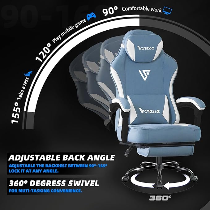 Vonesse Gaming Chair, Computer Chair Fabric with Pocket Spring Cushion, Office Chair with Footrest and Massage Lumbar Support, Reclining Gaming Chairs for Adults 250LBS (Blue)