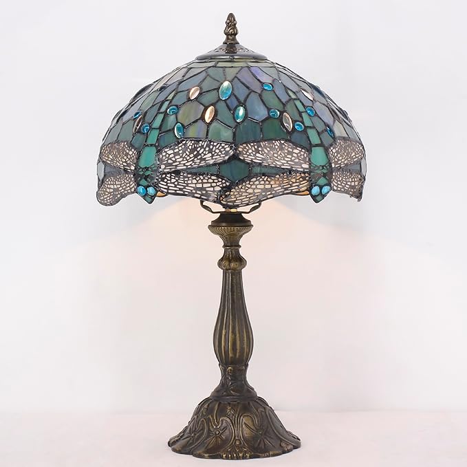 Tiffany Lamp Touch Control Table Lamp Sea Blue Stained Glass Desk Lamp 12X12X19 Inches Dragonfly Style Reading Light