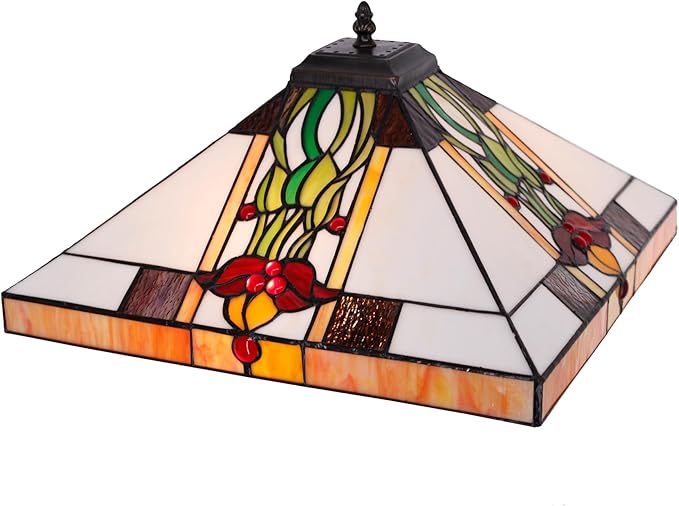 Tiffany Table Lamp Stained Glass Tulip Flower Square Geometric Mission Style Desk Reading Light 16X16X24 Inch for Bedroom Living Room Home Office