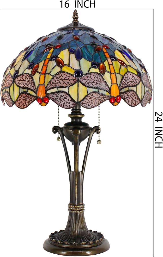 Tiffany Table Lamp Blue Yellow Stained Glass Desk Lamp 16X16X24 Inches Dragonfly Style Reading Light