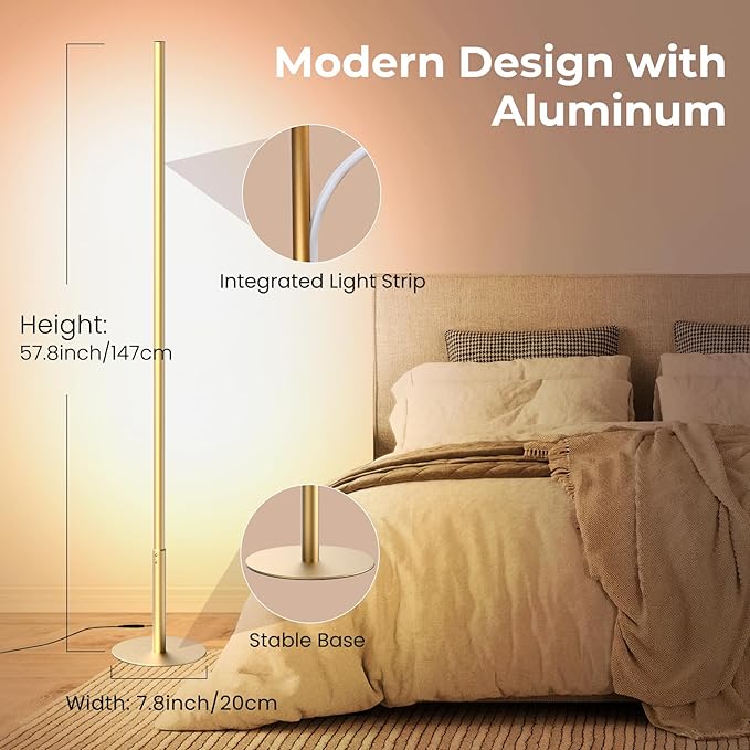 LED Corner Floor Lamp for Living Room, Dimmable Light with Remote, 2700-6500k Stepless Adjustable Colors & Brightness, Modern Reading Bright Light, 58" Standing Lamp for Bedroom (Gold)