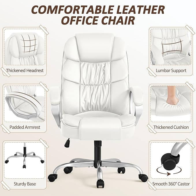 Homall Office Chair High Back Computer Desk Chair, PU Leather Adjustable Height Modern Executive Swivel Task with Padded Armrests and Lumbar Support (White)