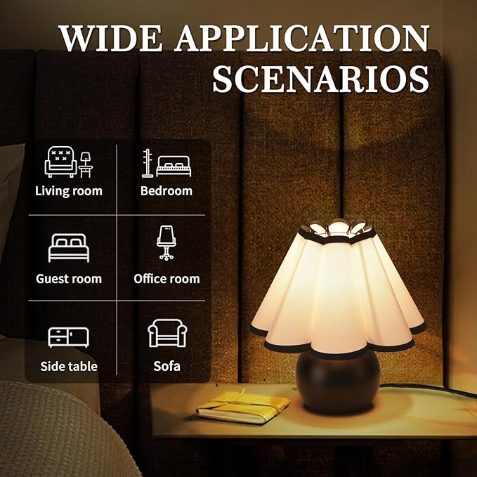 Matte Black Small Touch Control Table Lamp for Bedroom,Black Bedside Lamps for Nightstand,Cute Mini Small Table Lamps for Small Spaces with Scalloped Shade for Kitchen Counter,Bookshelf,Living Room