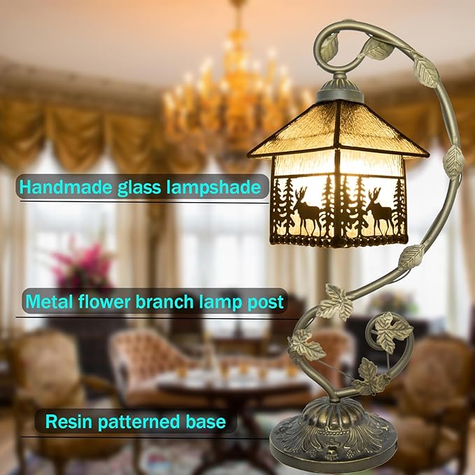 Tiffany Style Table Lamp, Small Stained Glass Lamp for Bedside, Bedroom, Nightstand, Living Room, 8 Inch Mini Vintage Handcrafted Desk Lights Included Three-Color E26 LED(Deer House)