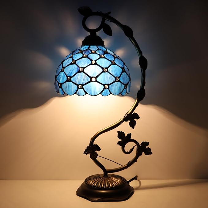 Tiffany Table Lamp, Stained Glass Desk Reading Light,Metal Leaf Table Lamp Base 8X10X21 Inches (Blue Beads)