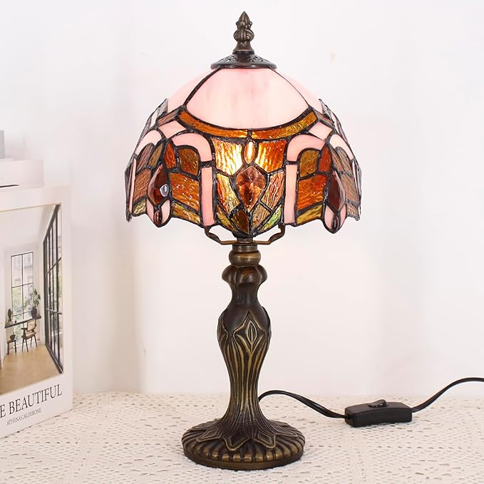 Small Tiffany Lamp Stained Glass Table Lamp Mini Desk Accent Light for Bedroom Bedside Reading Home Antique Style Decor 8X15 Inches (Pink Jewelry)