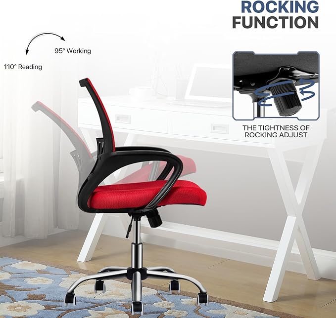 MoNiBloom Mesh Office Home Chair, Mid Back Ergonomic Rolling Swivel Chair with Padded Seat and Armrest, 250 lbs Capacity, Red