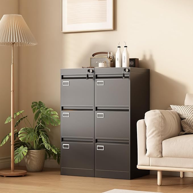 Three Drawer File Cabinet with Lock, Metal Filing Cabinet for Home Office, 3 Drawer Locking Filing Cabinets, Black Vertical File Cabinets for Letter/Legal / A4 / F4 Size, Lockable Design