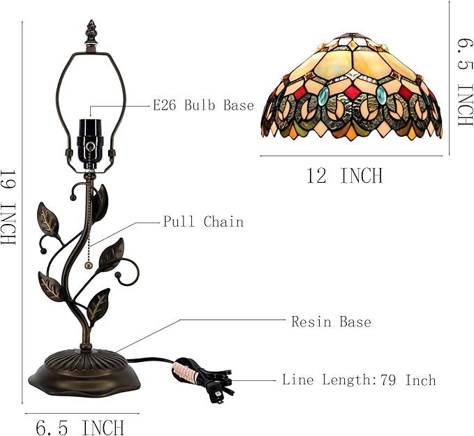 Tiffany Table Lamp, Stained Glass Style Desk Lamp, 12X12X19 Inch,Bedside Reading Light, Metal Leaf Base (Seven Color Baroque)