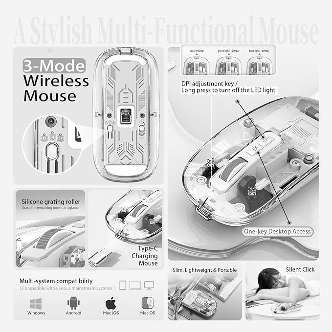 Sleek Transparent Magnetic Wireless Mouse - 3-Mode Connectivity (Dual Bluetooth + USB), DPI Adjust & One-Key Desktop Access, for MacBook/pc/iPad/Laptop (Grey)