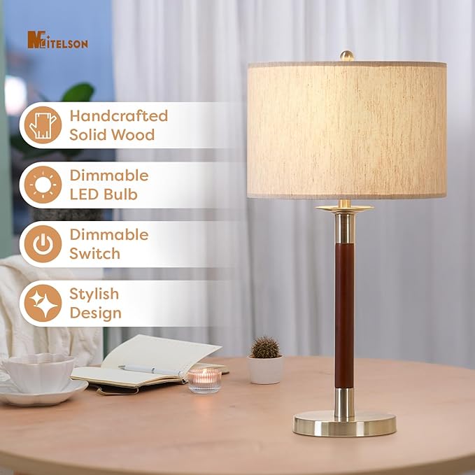 LED Bedside Lamp for Bedroom, Modern Desk Lamp with Dimmable Switch and Bulb, Wood Table Lamp for Nightstand, Desk Reading Lamp for Kids Room, Living Room, Office, Walnut Wood Finish