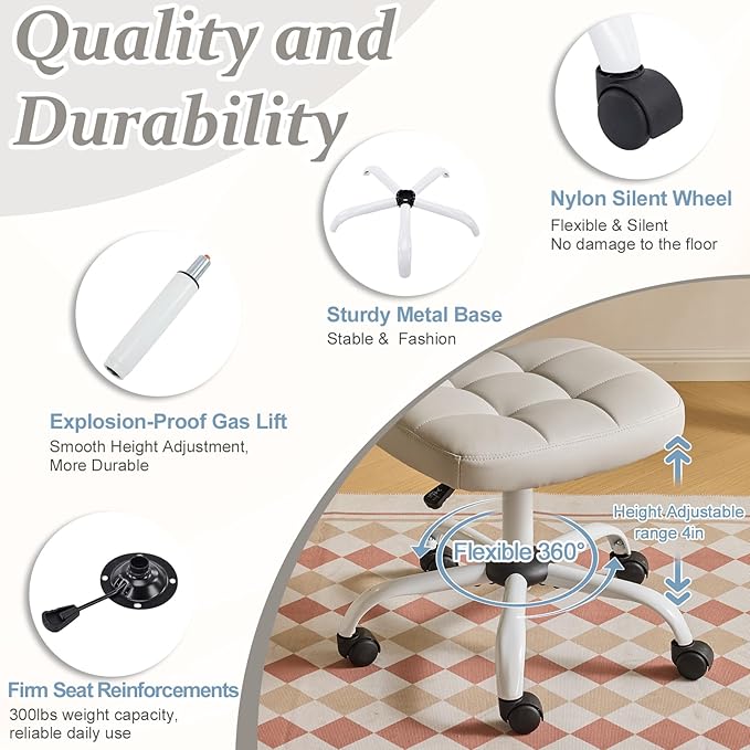 VINGLI Compact Small Desk Chair, Cute Armless Chair with Wheels, Vanity Chair with Low Back, Height Adjustable Task Chair for Small Spaces, Office, Bedroom, Make Up Room, PU Leather, Light Grey