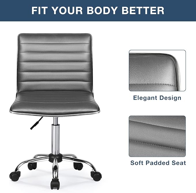 BOSSIN Adjustable Home Office Chair, Mid-Back Armless Ribbed Swivel Task Chair,Vanity Chair for Small Space, Living Room, Make-up, Studying (Gray)