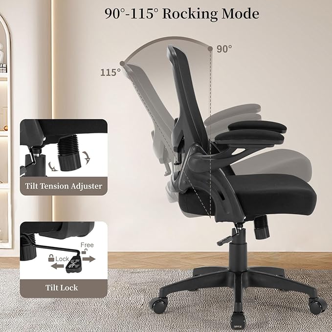 Office Chair Ergonomic, Comfy Desk Chair with Flip up Arms, Mesh Computer Chair with Adjustable Lumbar Support, Home Office Chairs 300 Lbs Capacity