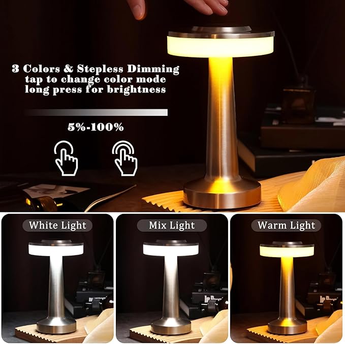 Riakrum Set of 2 LED Portable Cordless Table Lamp with Touch Sensor 3 Color Stepless Dimming Rechargeable Battery up to 15 Hours Cordless Table Light Wireless Lamp for Nursery(Silver,2 Pcs)