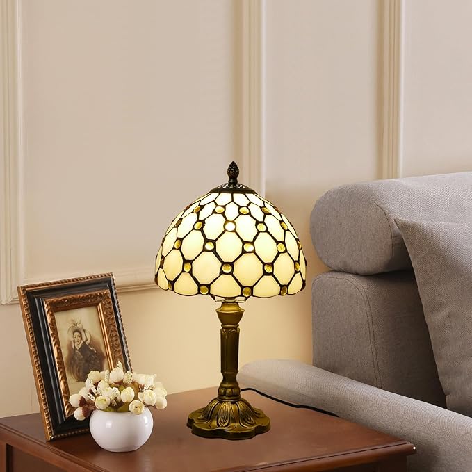 Tiffany Style Table Lamp Beige Beads Vintage Bedside Table Light Desk Lamps Accent Small Lamp 14" Tall 8" Wide Reading Lamp with Color Changing LED Bulb