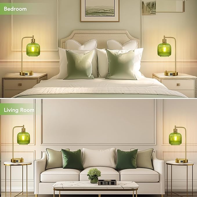 QiMH Industrial Table Lamp for Bedroom Set of 2, Green Glass Beside Lamp with USB A&C Ports, Stepless Dimmable Gold Lamps, Nightstand Lamps for Living Room, Office, Home Decor(Bulb Included)