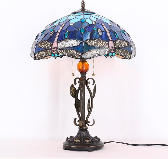 Tiffany Table Lamp Blue Dragonfly Stained Glass Desk Reading Light 16X16X24 Inch Metal Leaf Base for Bedroom Living Room Home Office