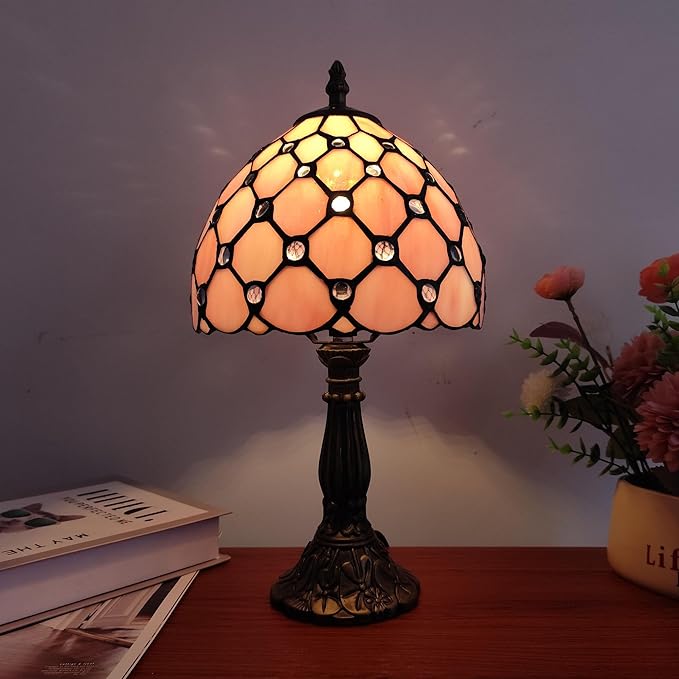 Tiffany Table Lamp 3-Way Light Handmade Bedside Lamp Small Desk Night Lamp Stained Glass Antique for Home Office Bedroom Living Room Study Room (Pink Pearls Style)