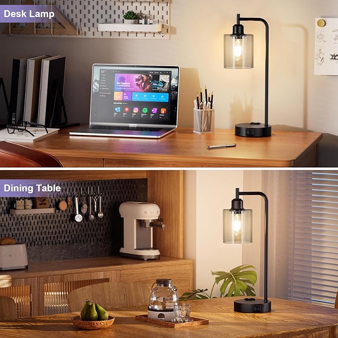 Innqoo Industrial Touch Bedroom Lamps for Bedrooms Set of 2-3-Way Dimmable Table Lamps with USB C+A Ports and Outlet, Bedside Lamps with Gray Glass Shade for Living Room, Desk Lamps for Home Office