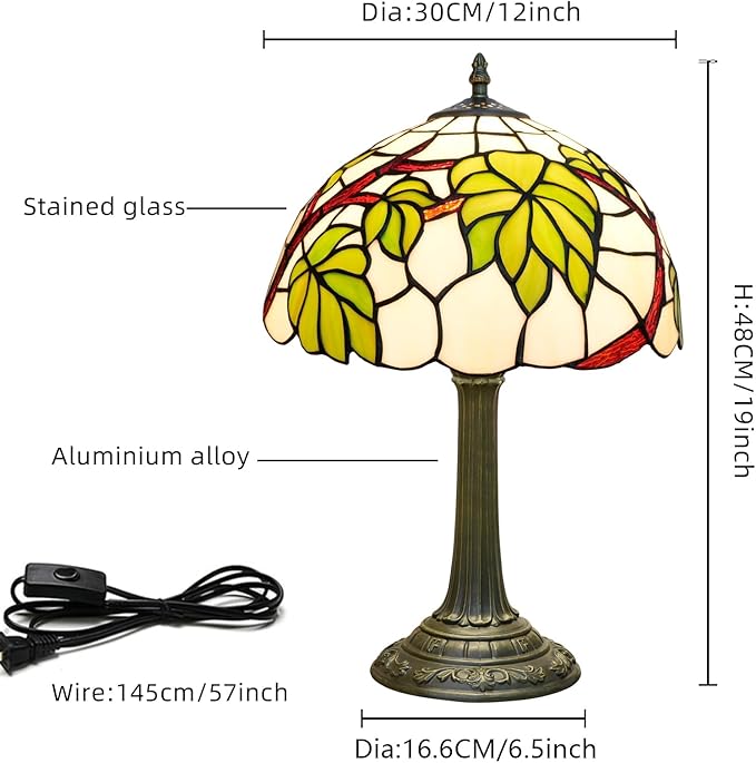 Tiffany Lamp Stained Glass Table Lamp 12 Inch Green Grape Leaf Tiffany Style Vintage Nouveau Lamp For Bedroom Living Room Study Coffee Shop Hotel Nightstand Desk Retro Light Home Decor Art Piece Gift