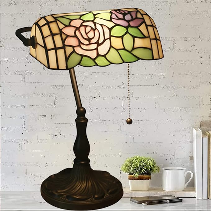 Tiffany Style Pink Rose Stained Glass Banker Desk Lamp, 10.62" W x 15.35" H, E26 Base, LED, 40W Max, Painted Alloy Base, Not Water Resistant