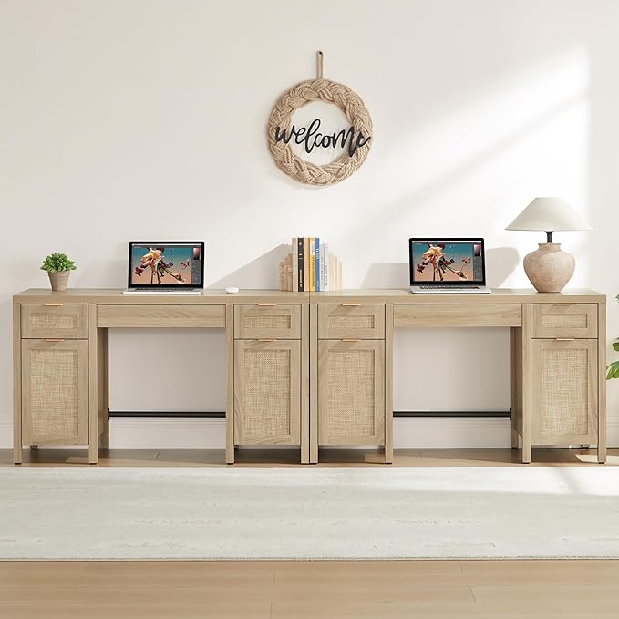SICOTAS Rattan Executive Desk with Storage - Larger Home Office Desk with Drawers and Cabinets, Farmhouse Boho Computer Table Vanity Desk for Study, Office, Living Room, Light Oak (2 Pieces)