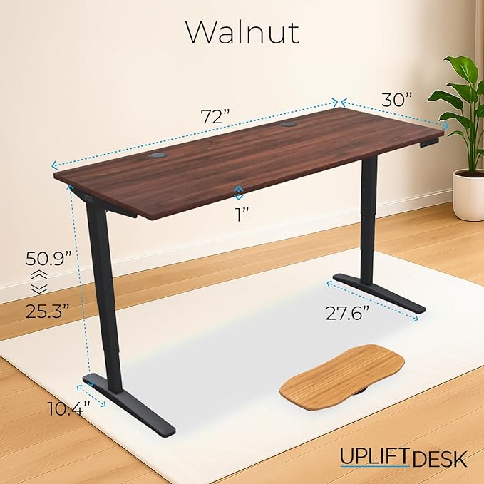 UPLIFTDESK V2 2-Leg Walnut Laminate Wood Standing Desk – Adjustable Height, Advanced 1-Touch Memory Keypad, Under Desk Cable Management, Wire Grommets & Rocker Board (Black C-Frame, 72 x 30 inch)
