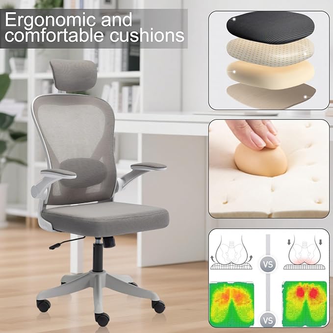 Comeon Office Chair, Branch Ergonomic Chair with Flip-up Armrests and Lumbar Support, Black Mesh Desk Chairs with 3D Armrests and Headrest Computer Chairs Comfy in Office Home (Black)