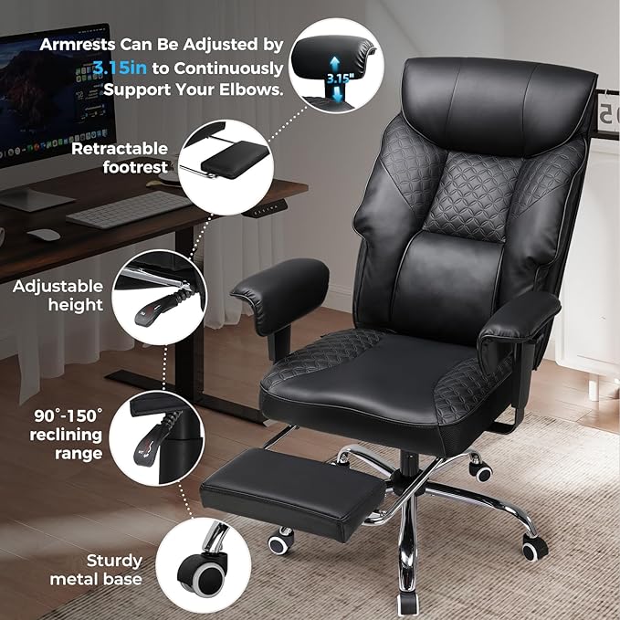 GTRACING Big and Tall Office Chair 400lbs High Back Computer Gaming Chair with Ergonomic Lumbar Support &Pocket Spring Cushion for Lower Back Pain Relief, Leather Executive Chair with Foot Rest, Black