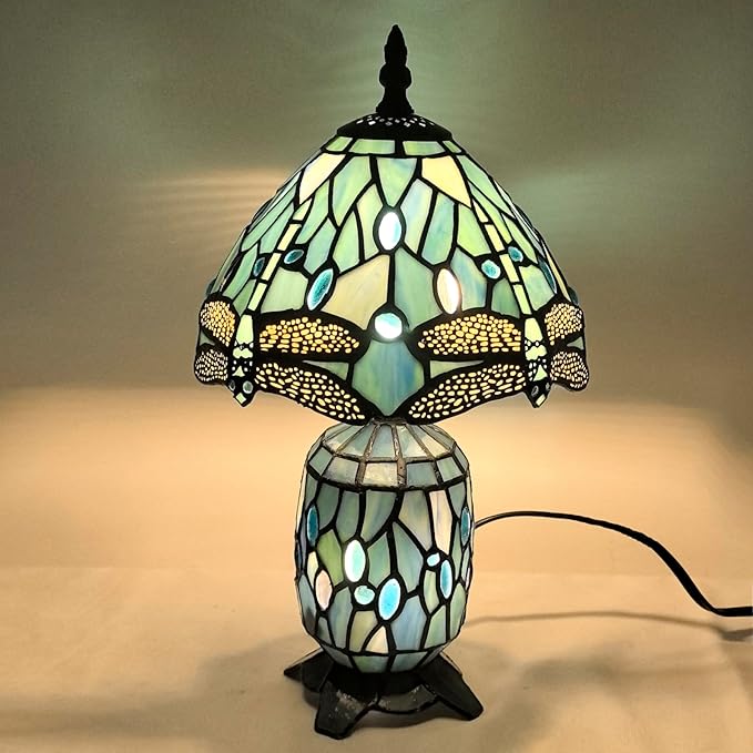 Small Tiffany Lamp Stained Glass Table Lamp Mini Mother Daughter Vase Desk Accent Light for Bedroom Bedside Reading Home Antique Style Decor 8X14 Inches (Sea Blue Dragonfly)
