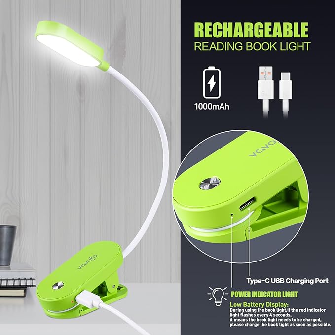 VAVOFO Rechargeable Book Light, 14 LEDs Eye Care Clip On Amber Reading Light for Bookworms Reading in Bed with 9 Colors 9 Brightness (Green)
