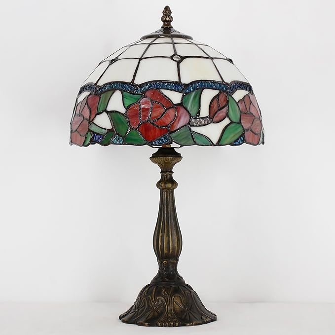 Tiffany Lamp Touch Control Table Lamp Red Rose Flower Style Stained Glass Desk Lamp 12X12X19 Inches Reading Light
