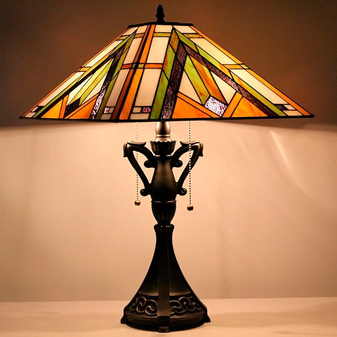 Tiffany Table Lamp Stained Glass Bronze Mission Style Desk Reading Light 16X16X24 Inch for Bedroom Living Room Home Office