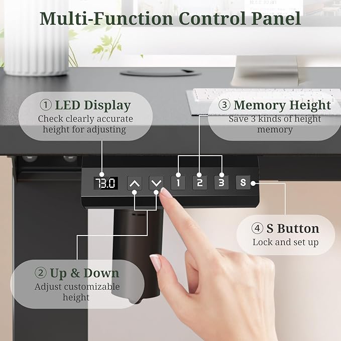 48 x 24 in Electric Standing Desk - Memory Height Adjustable Ergonomic Sit-to-Stand Rising Computer Table Gaming Workstations with 2 Hooks and Wire Hole for Home Office, Black