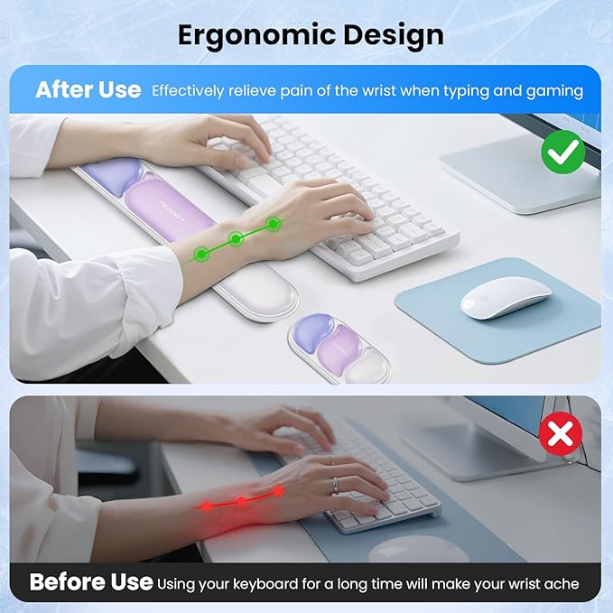 TECKNET Clear Gel Wrist Rest for Computer Keyboard, Ergonomic Gel Keyboard Wrist Rest Set for Typing Pain Relief, Comfortable Silicone Wrist Support Pad for Office/Computer/Laptop/Gaming, Purple