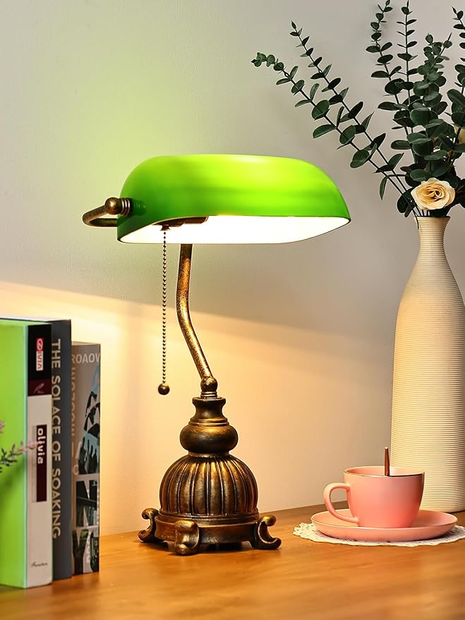 Newrays Retro Green Glass Bankers Desk Lamp for Home Office,Library with Pull Chain Switch Plug in Fixture, LED Bulb Included