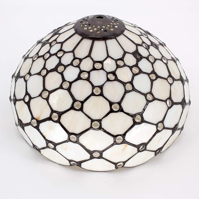 WERFACTORY Tiffany Lamp Cream Amber Stained Glass Bead Table Lamp Desk Bedside Reading Light 12X12X18 Inches Deco Bedroom Living Room Home Office S005 Series