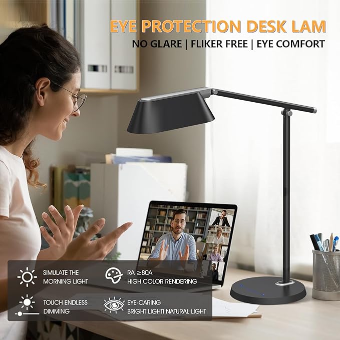 LED Desk Lamp for Office Home, Eye-Caring Ultra-Large LED Panel Desk Light with Multi-Angle Adjustment, Touch Desk Lamps with Stepless Dimming for Smart Delayed Shutdown Night Light, Reading, study.
