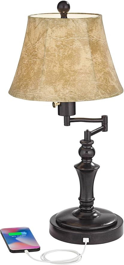 Regency Hill Corey 21 3/4" High Small Farmhouse Rustic Traditional Desk Lamps Set of 2 USB Port with Socket Swing Arm Brown Bronze Finish Metal Shade Home Office Living Room Charging Bedroom Bedside