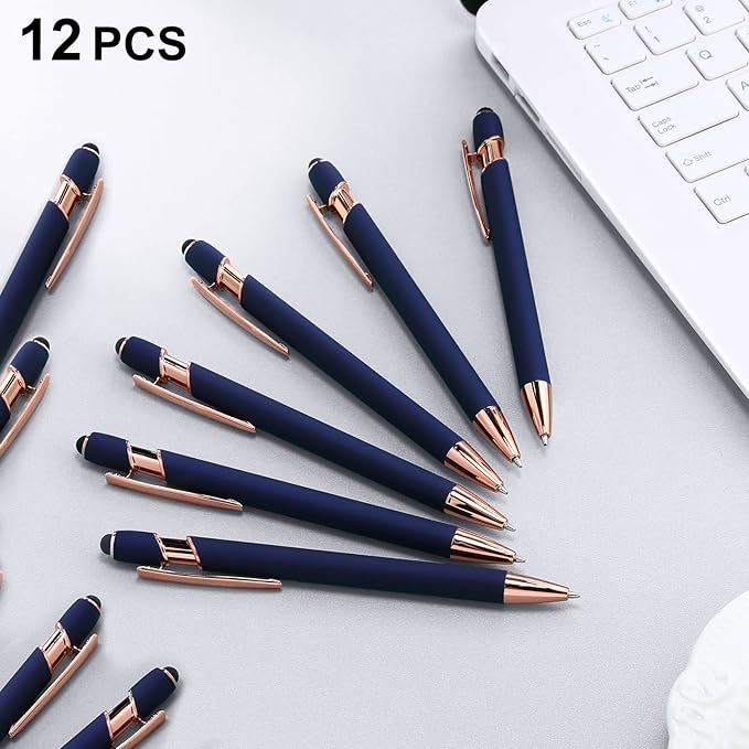 Tenare 12 Pieces 2 in 1 Stylus Metal Ballpoint Pen with Stylus Tip, 1.0 mm Black Ink Ballpoint Pen for Touch Screens(Cyan and Rose Gold)