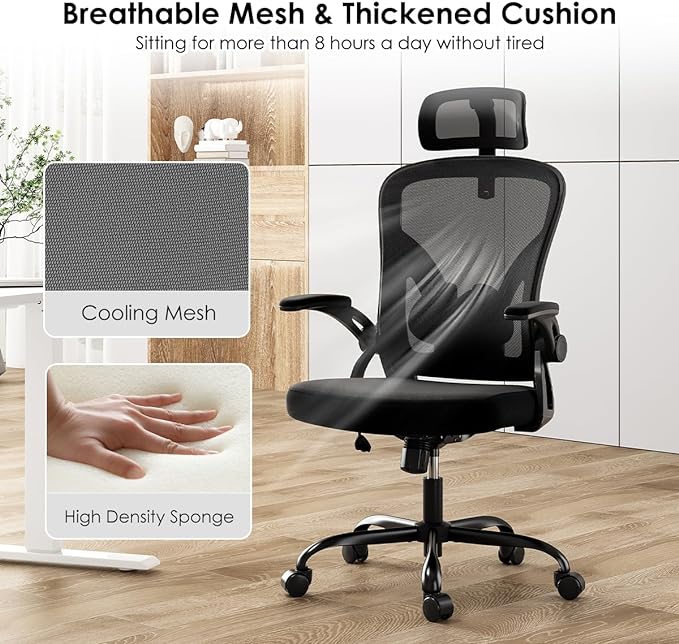 Farini Ergonomic Office Chair, Home Office Desk Chair with Headrest, High Back Computer Chair with Armrests and Adjustable Lumbar Support for Home Office Study Room, Black & Dark Black
